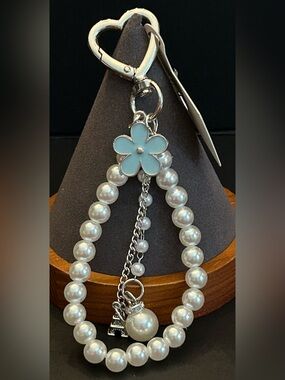 Silver or Gold w/Colored Enamel Flower Faux Pearl Wristlet Keychain Bag Charm